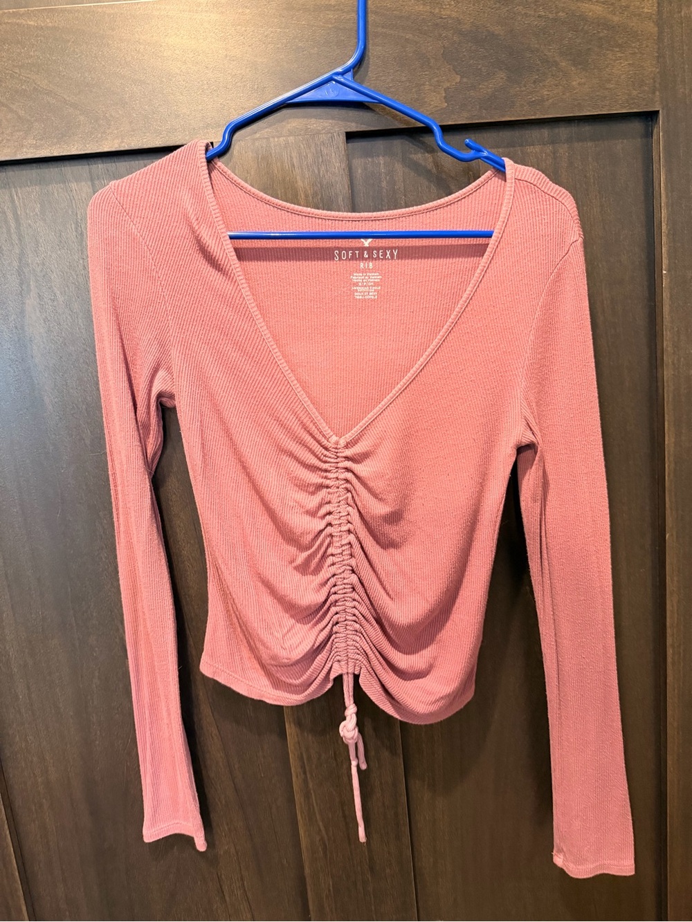 American Eagle Outfitters Dusty Rose Ruched V-Neck Long Sleeve Top